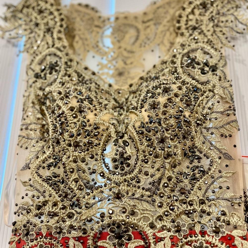 Stunning Red Gown with Nude beaded Top and Train. - Picture 10 of 17